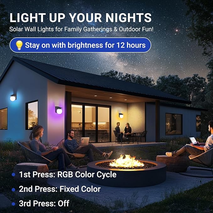 Solar Fence Lights 2 Pack, RGB Color Changing, 3 Lighting Modes, IP65 LED Waterproof Solar Lights for Outdoor Patio, Backyard, Deck, Fence, Railing – Color Glow & Durable