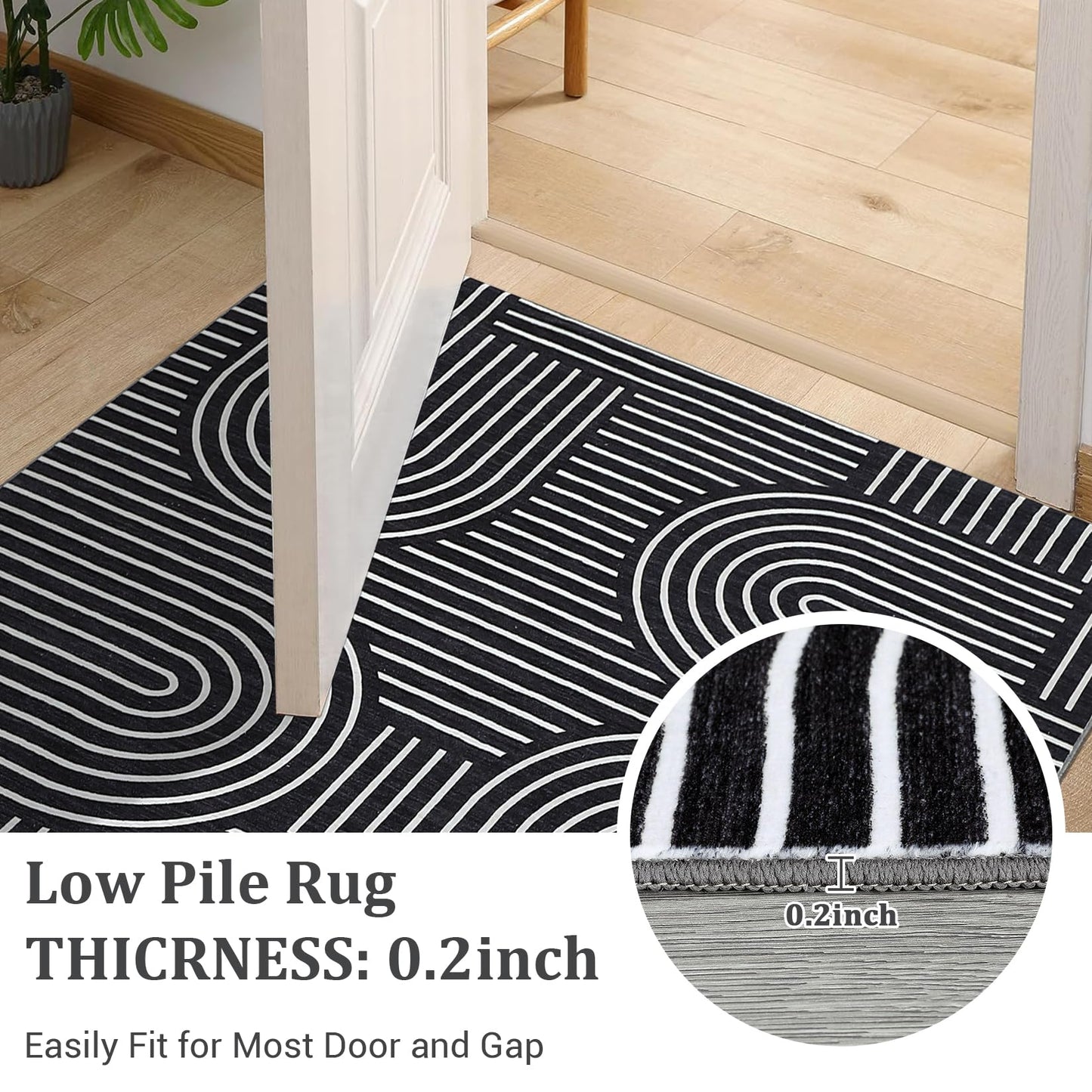 Washable Rug 2x3 Area Rugs for Entryway, Abstract Rug for Bedroom, Soft Rainbow Non Slip Small Area Rug with Rubber Back, Low Pile Stain Resistant Boho Geometric Carpet for Dining Room, Black