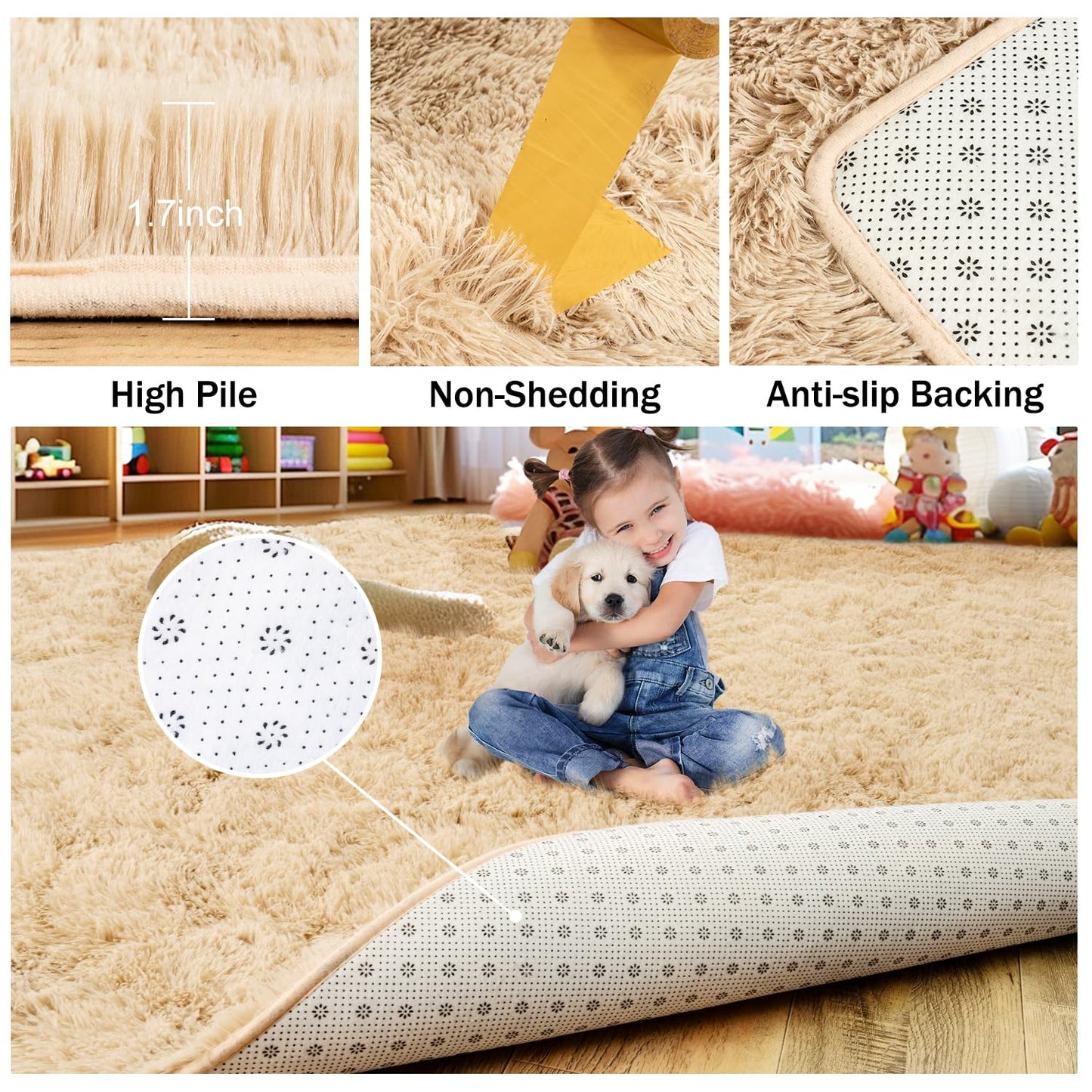 Rezutan Fluffy Rug for Living Room Bedroom Soft Modern Shaggy Fuzzy Kids for Living Room, Cute Room Decor, Plush Indoor Nursery Home Decor Bedside with Non-Slip Bottom, Beige, 4 X 6 Feet