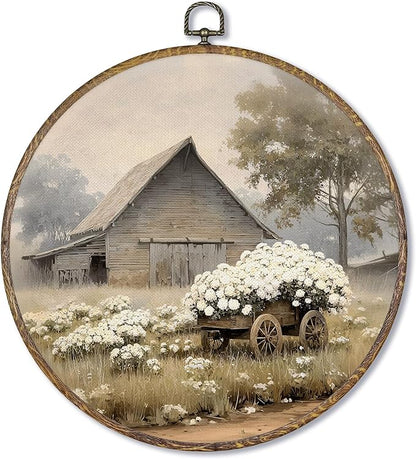 Fewgb Vintage Barn Farmhouse Round Wall Art Decor Framed for Kitchen Bedroom Living Room, Rustic Farm House Canvas Wall Art Prints Picture, Country Cottagecore Hanging Room Decor Artwork 10x10