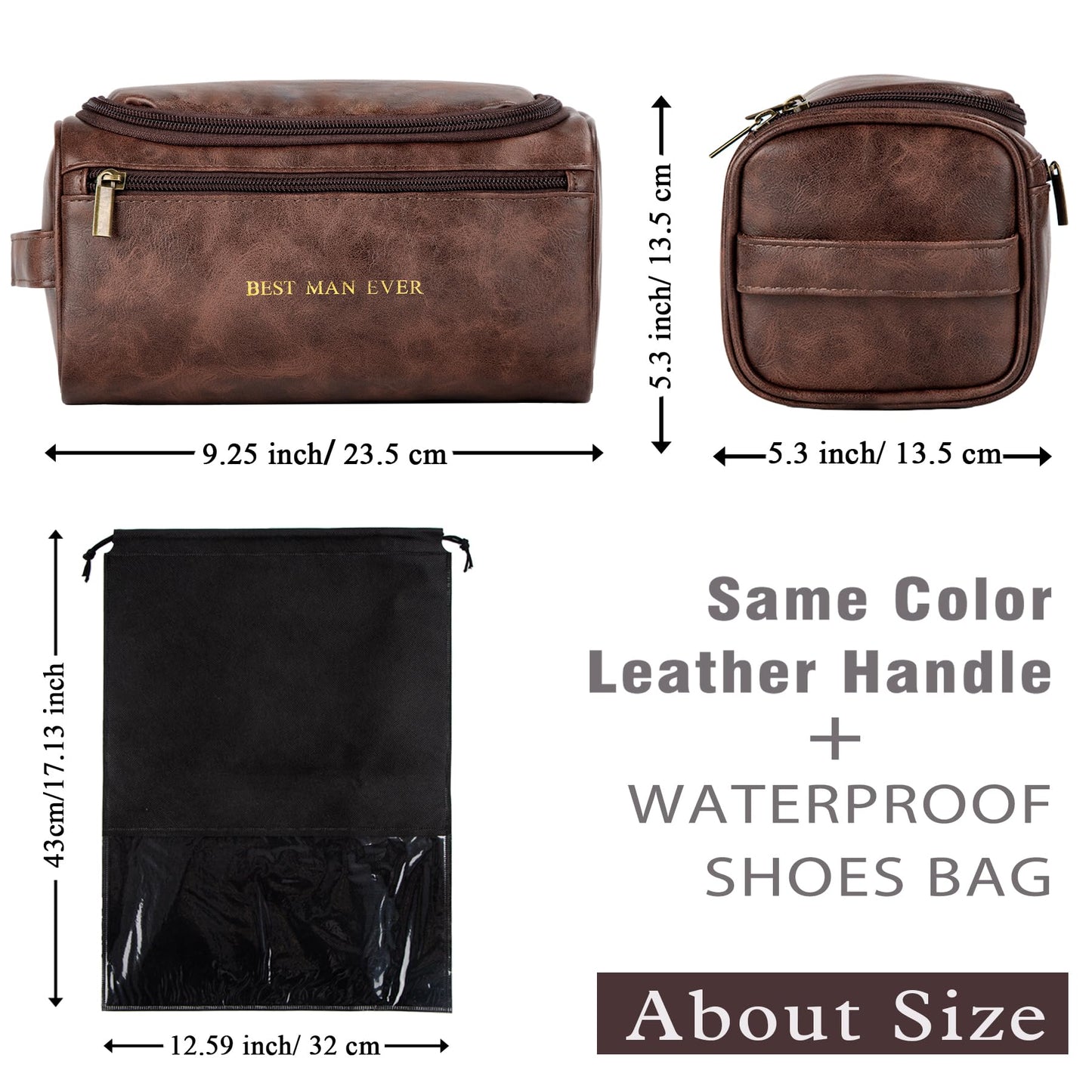 Flycalf Mens Toiletry Travel Bag Groomsmen Father Dad Leather Toiletries Grooming Bag for Men Shaving Bag Hanging Water Resistant Organizer (Coffee)