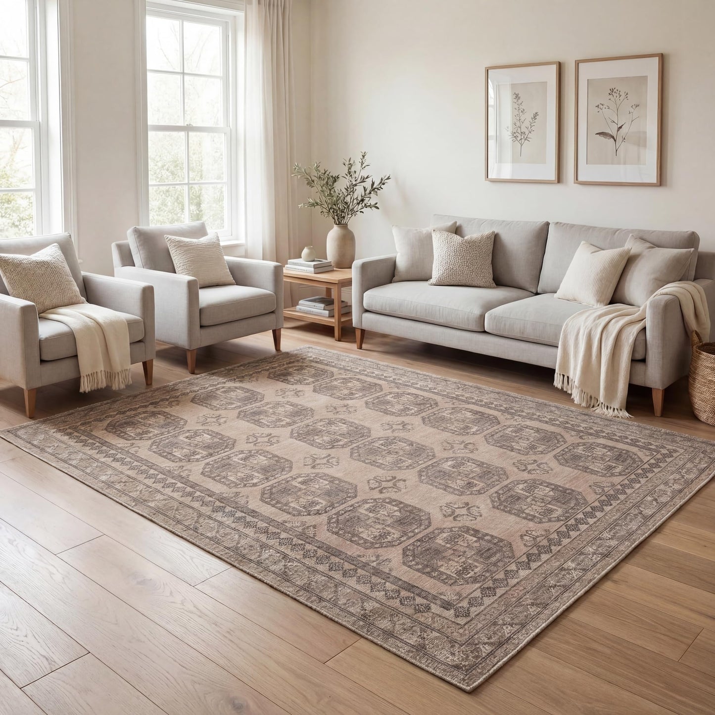 Kuden 6x9 Area Rug, Machine Washable Area Rug with Non-Slip Backing, Vintage Style, Soft, Easy Clean, Low Pile Rug for Living Room, Bedroom, Dining Room