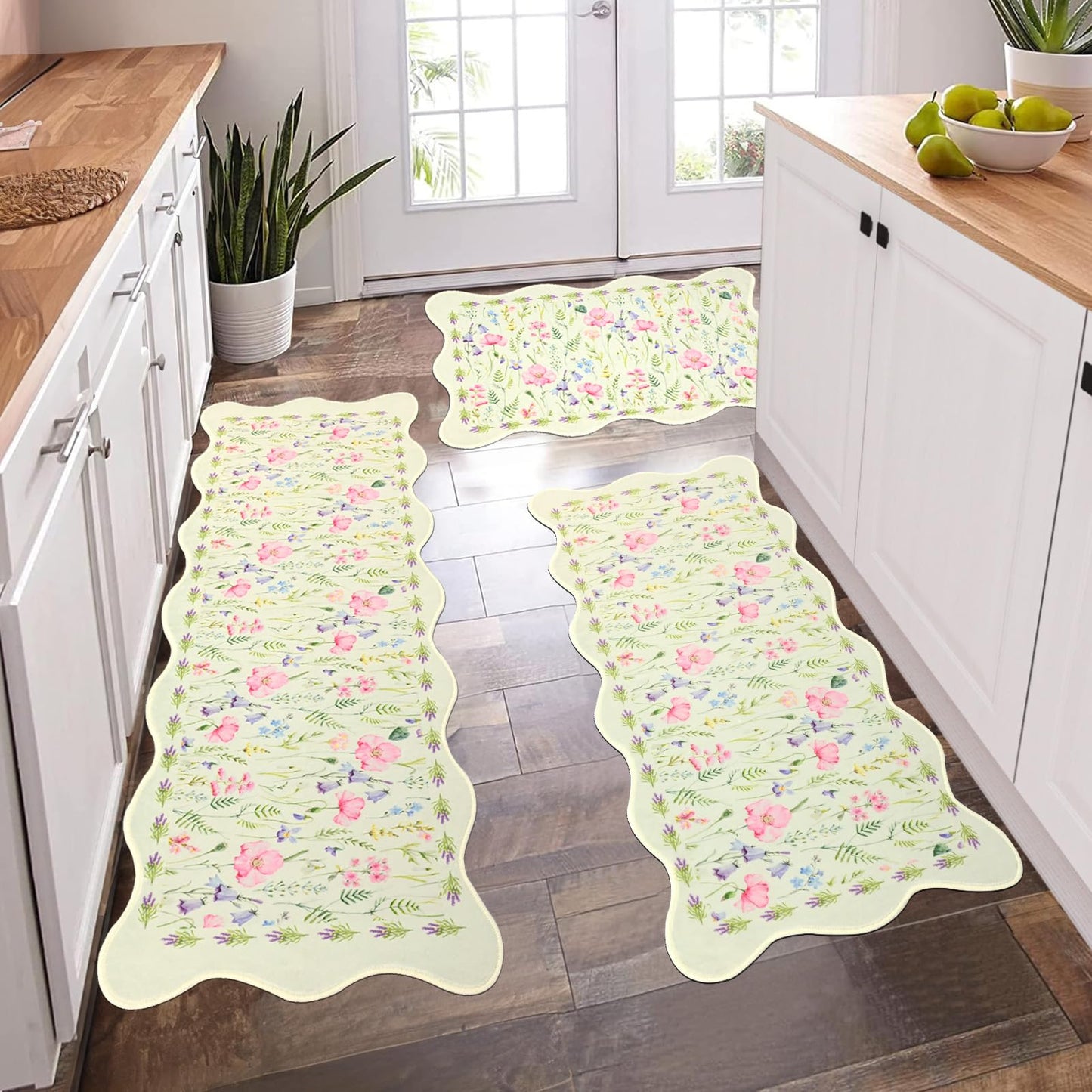 PCSWEET HOME Spring Summer Kitchen Rug Sets 3 Piece Scalloped Green Kitchen Rug Set Non-Slip Washable Comfort Standing Mat for Laundry Room, Bar, Office 20 "x32+20 "x47+20 "x59