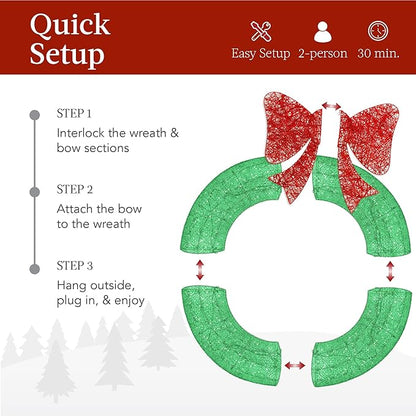 Best Choice Products 36in Pre-Lit Outdoor Christmas Wreath Decoration, LED Metal Holiday Decor for Home w/ 120 Lights, Bow - Green/Red