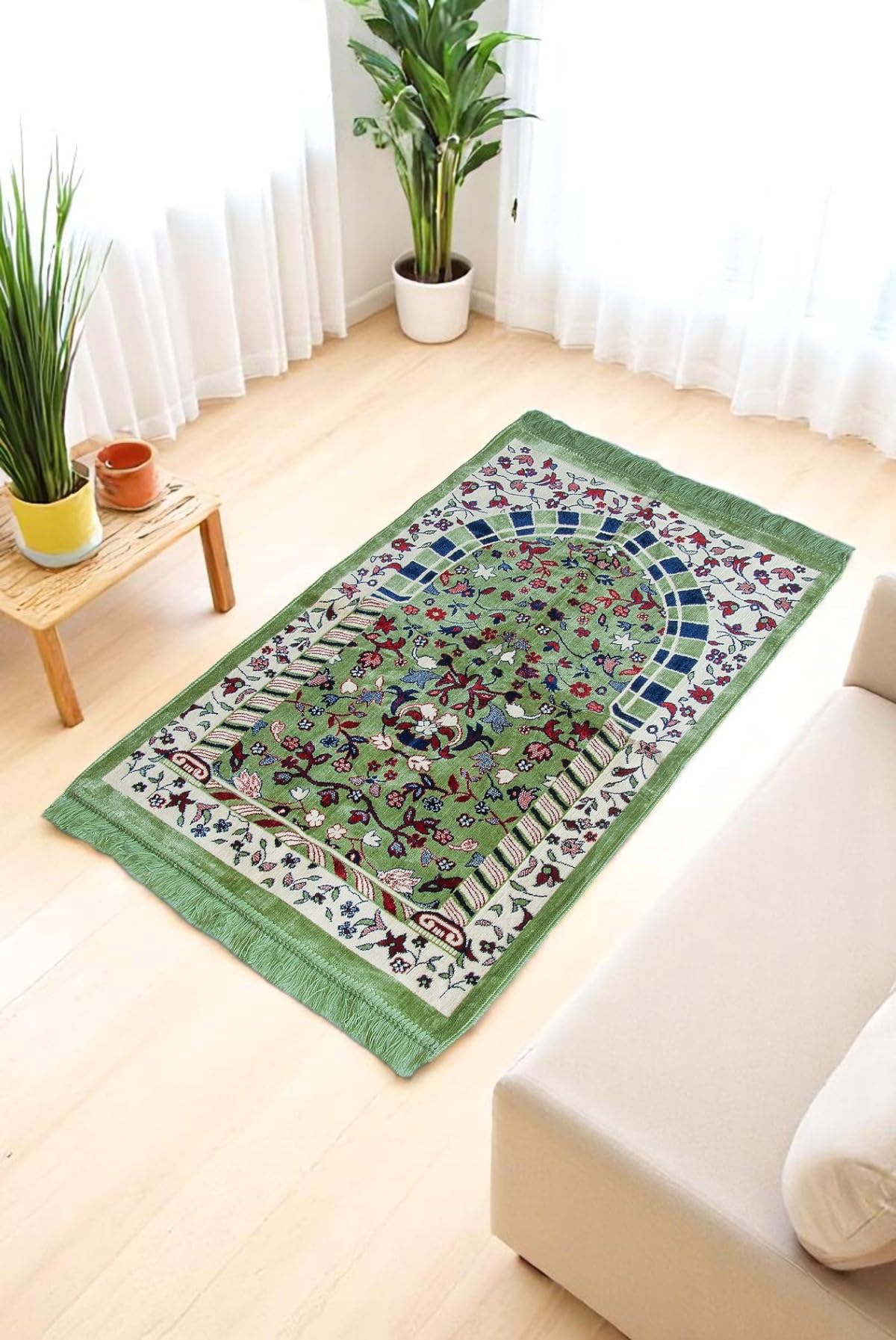 ihvan online Luxury Velvet Muslim Prayer Rug, Janamaz, Thick Soft Sajadah, Portable Travel Prayer Carpet Mat, Islamic Gift for Eid, Ramadan, Hajj & Umrah, Rawdah Green