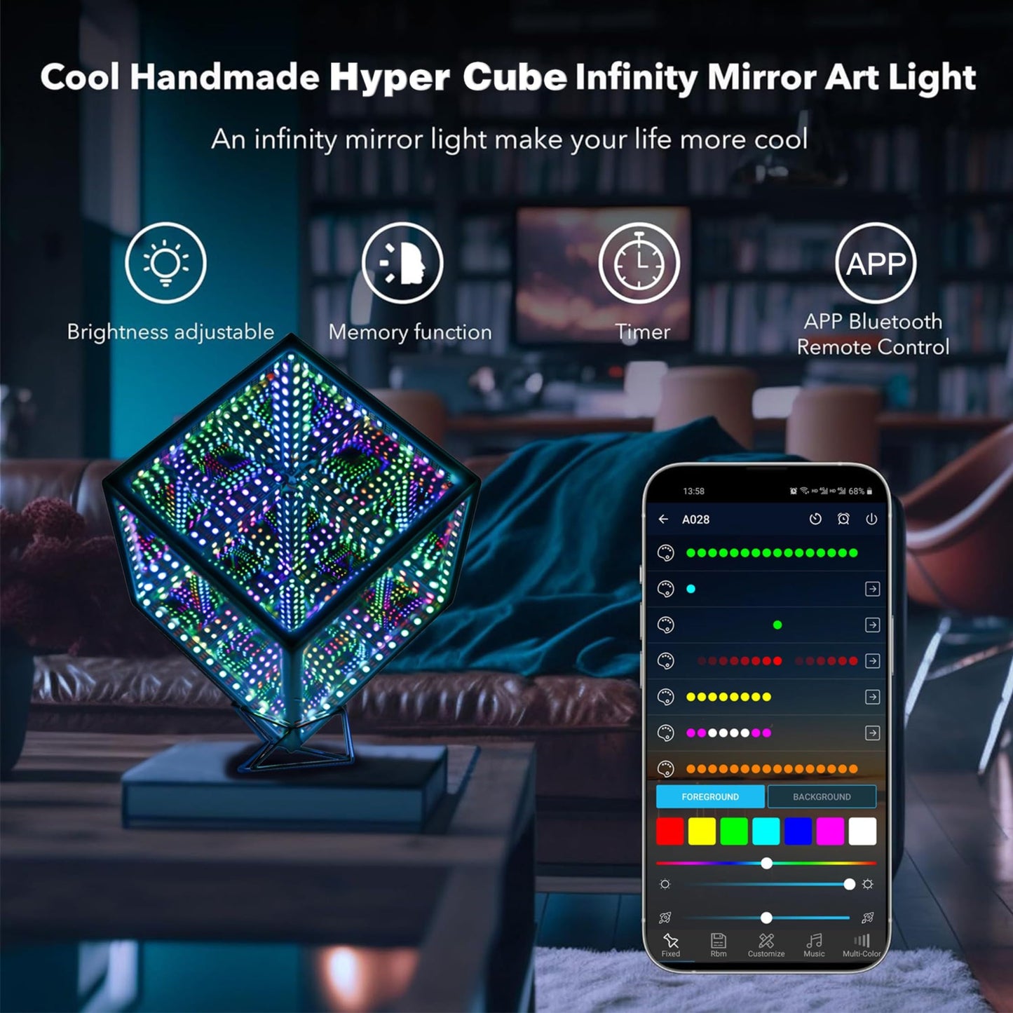 Heepulor Infinity Mirror Hyper Cube Table Lamp, Desk Art Night Light, Color-Changing Music-Sync APP-Controlled Ambient Light for Gaming, Party, Home, Gift (10 Inches)