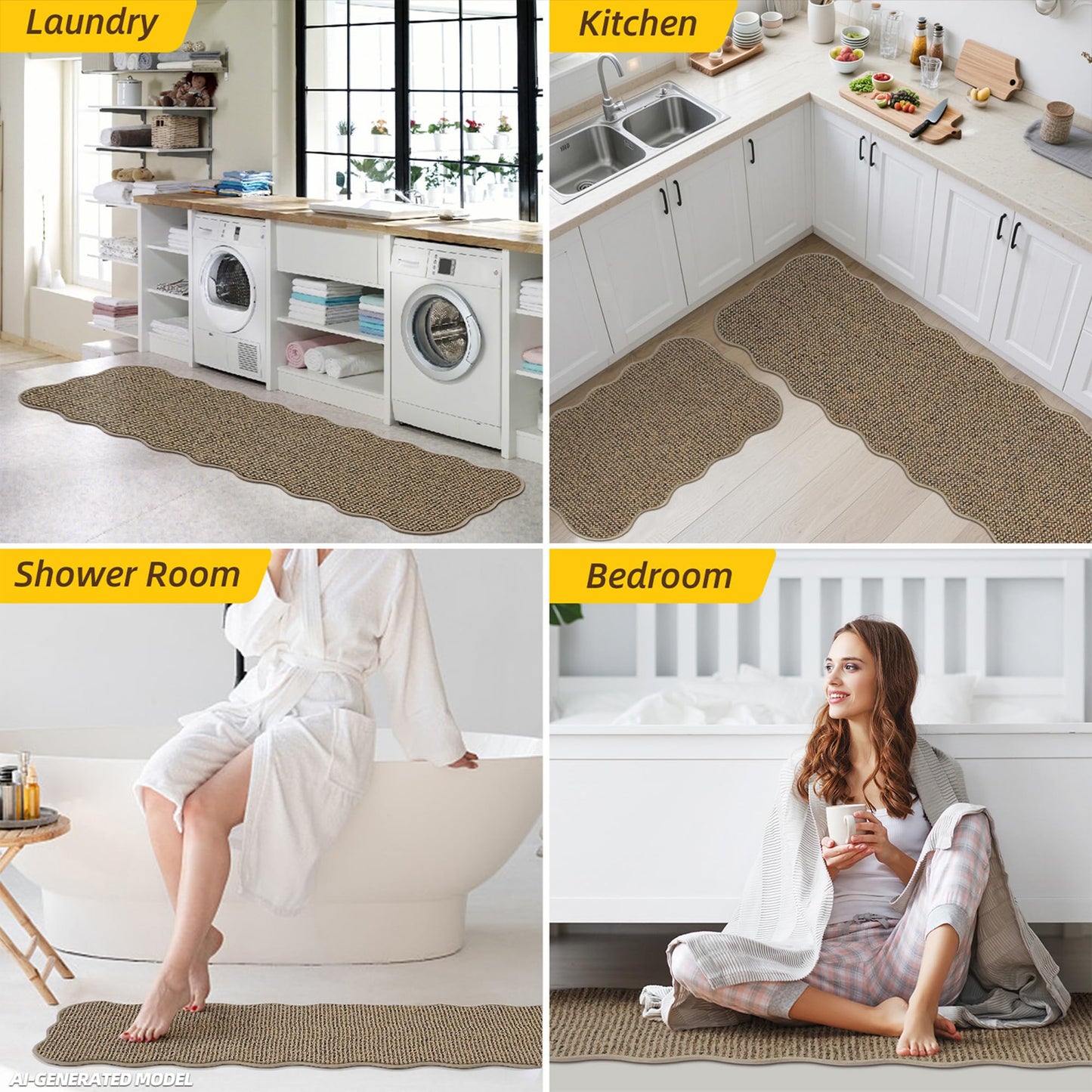 JSEI Scalloped Kitchen Rugs and Mats 2PCS, Kitchen Mats for Floor, Non-Slip Washable Kitchen Runner, Absorbent Rugs for Kitchen, Laundry & Sink, 17"x30"+17"x48", Taupe