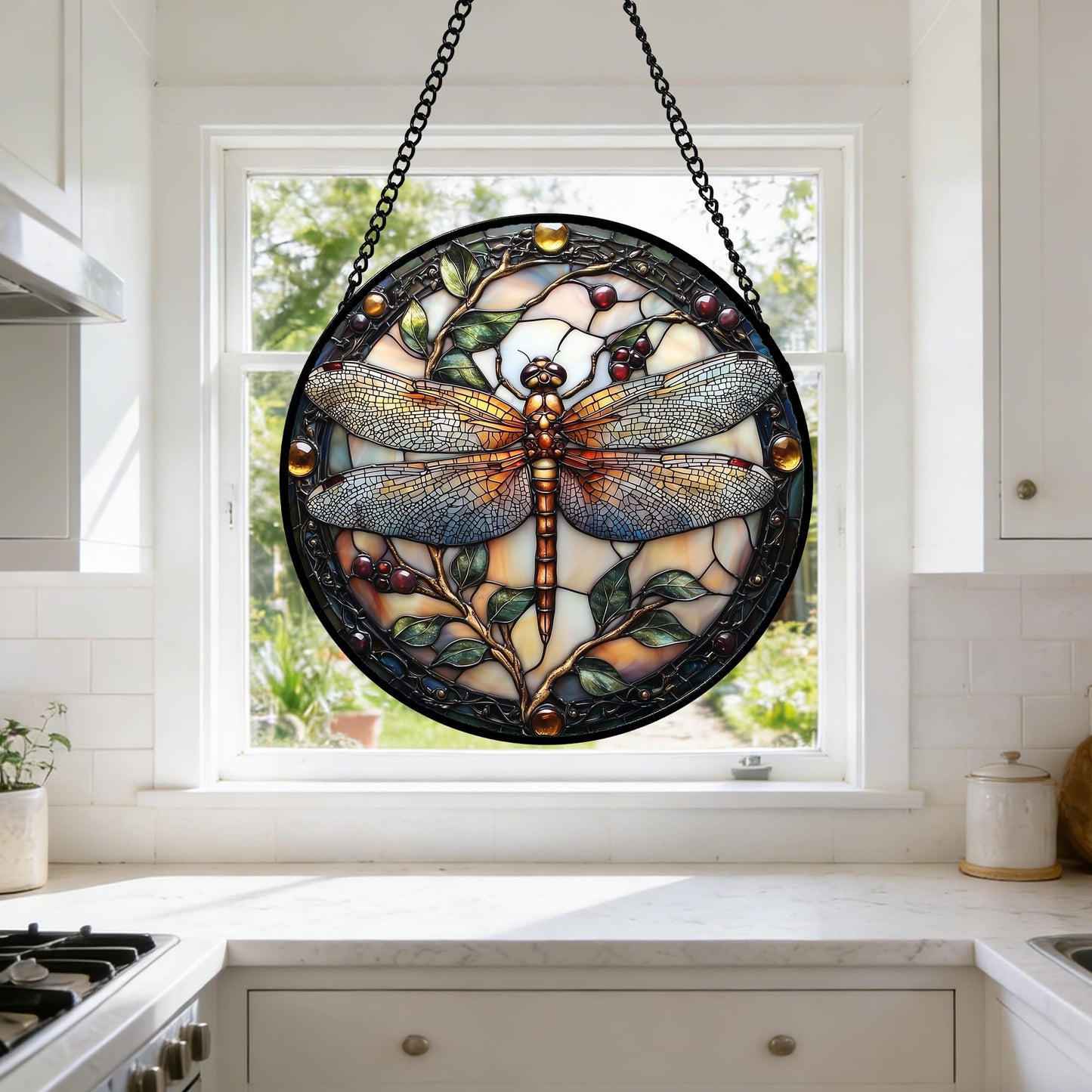 DASTOLL Stained Glass Window Hanging - Dragonfly Plant Suncatcher Ready to Hang Window Doors Home Decoration, Christmas, Mother's Day Birthday Gifts for Women, Men, and Mom 6.3X6.3IN