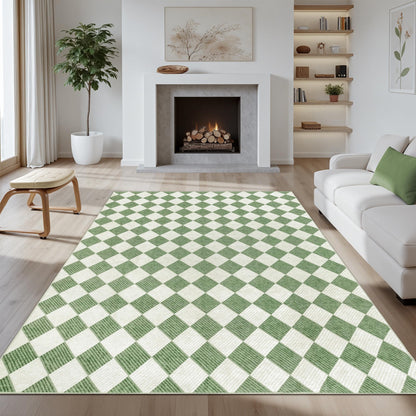 Kiginara Washable Green Checkered Rug 5x7, Non-Slip Low Pile Area Rug for Living Room, Bedroom, Nursery, Modern Neutral Farmhouse Diamond Carpet, Pet & Kid Friendly