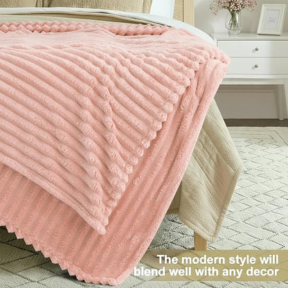 decorUhome Soft Fleece Pink Blanket Queen Size for Bed, Cozy Fluffy Plush Flannel Large Striped Throws for Couch Sofa, Lightweight Decorative Fuzzy Blanket for Woman, 90x90 Inches