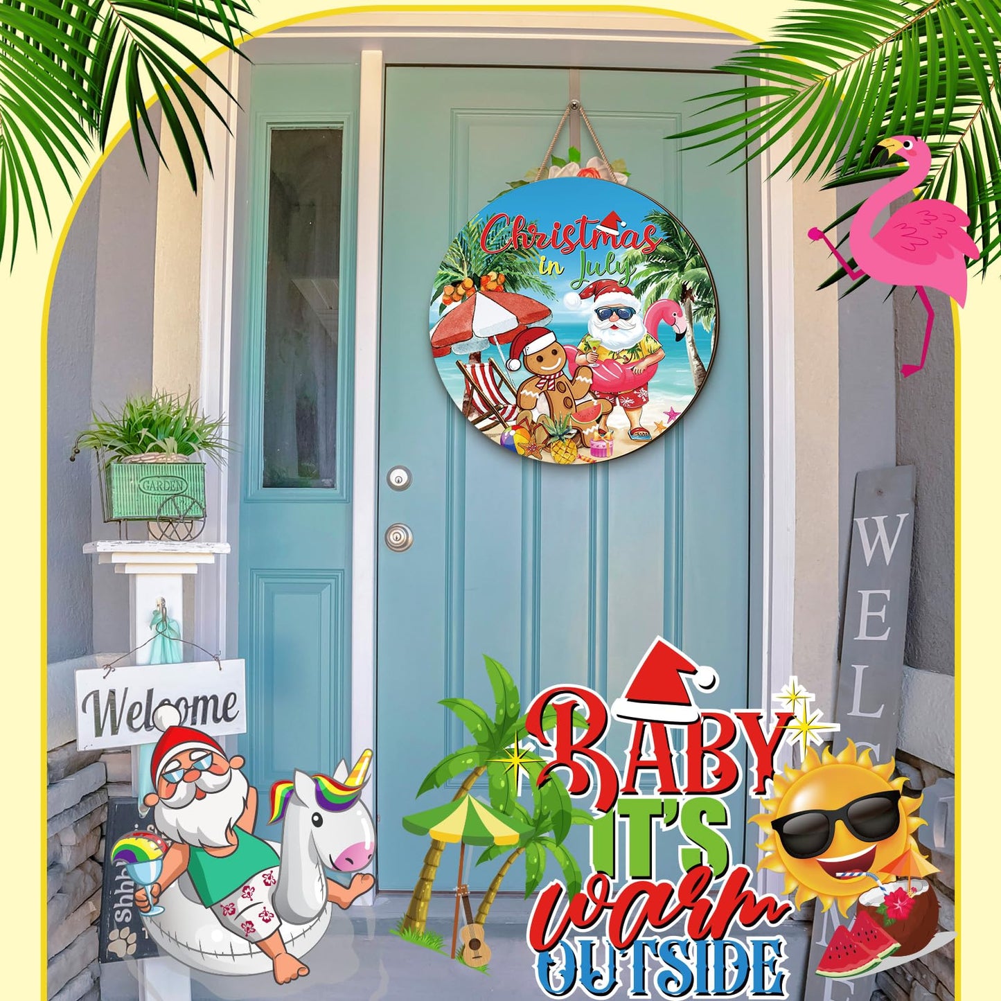 Blosssound 3 Pcs July in Christmas Decorations Summer Front Door Sign with Flaming Santa Beach Snowman Hawaiian Wooden Hanger Door Sign for Farmhouse Home Summer Xmas Decor Supplies