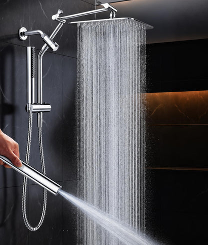 Veken All Metal 10" Shower Head with Handheld, Luxurious Square Double Rain Shower Heads with Spray Combo, Dual High Pressure Detachable Rainfall Showerhead with Extension Arm, Long Hose,Chrome,Sliver