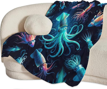 Squid Blanket Decor Gifts for Squid Lovers, Flannel Fleece Fuzzy Throw Blankets, Soft Warm Cozy Plush Ocean Animal Blanket for Bed Couch Living Room Stuff Decoration for Kids Adult 50"x40"
