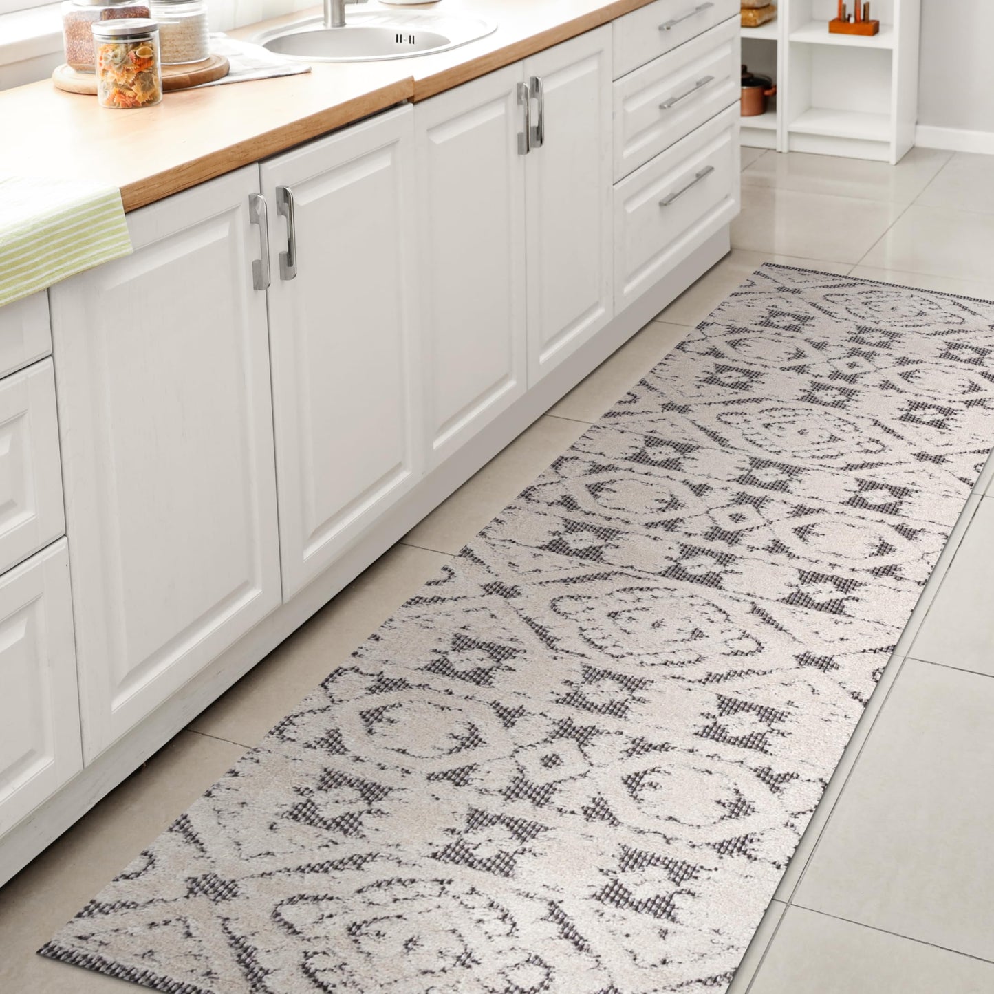 JONATHAN Y Mediterranean Tile Indoor Outdoor Runner Rug 2X8 White/Black, Citta High-Low Pile for Backyard, Patio, Porch, Easy-Cleaning, High Traffic, Pet-Friendly, Non-Shedding (SBH102B-28)