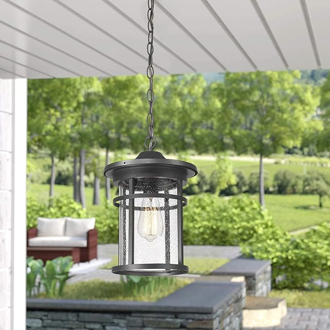 Bestshared Outdoor Pendant Lighting, 1-Light Outdoor Hanging Lantern Light Fixtures for Porch, Farmhouse Style Exterior Porch Lights with Seeded Glass