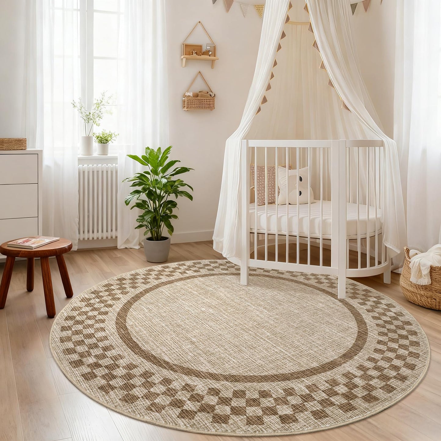 4ft Washable Round Rug for Entryway Modern Checkered Bedroom Circle Rug Non Slip Soft Dining Room Round Throw Carpet Small Stain Resistant Border Round Rugs for Living Room Kitchen Bathroom, Taupe