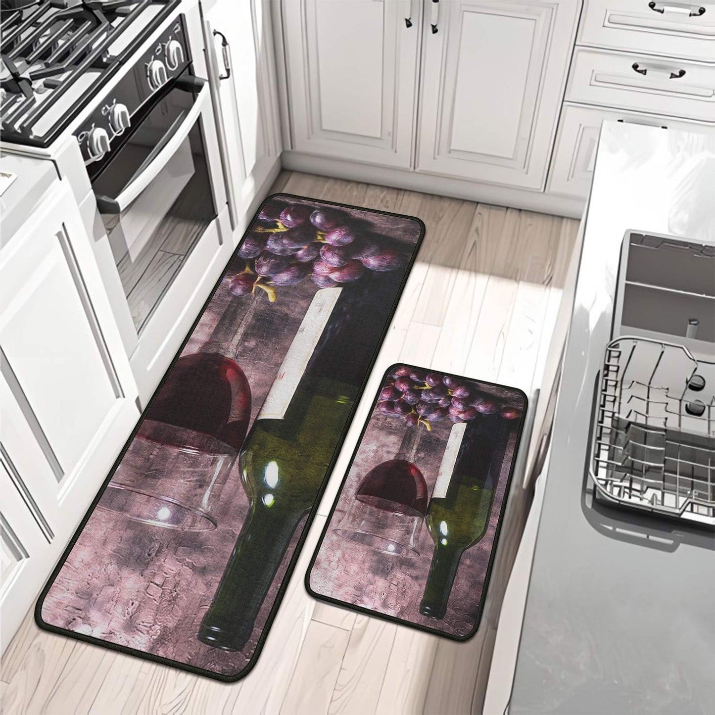 Yovirinto Wine Kitchen Rugs and Mats Sets of 2, Non Skid Washable Absorbent Microfiber Farmhouse Kitchen Mat for Runner Hallway Doormat Bathroom 17"x 47"+17"x 30"