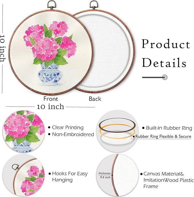 Threegoat Chinoiserie Spring Floral Framed Round Wall Art,Blue and White Hydrangea Flowers Wall Art Decor for Bedroom,Vintage Wall Hanging Decor for Grand Millenial Grandmillennial Home - A07