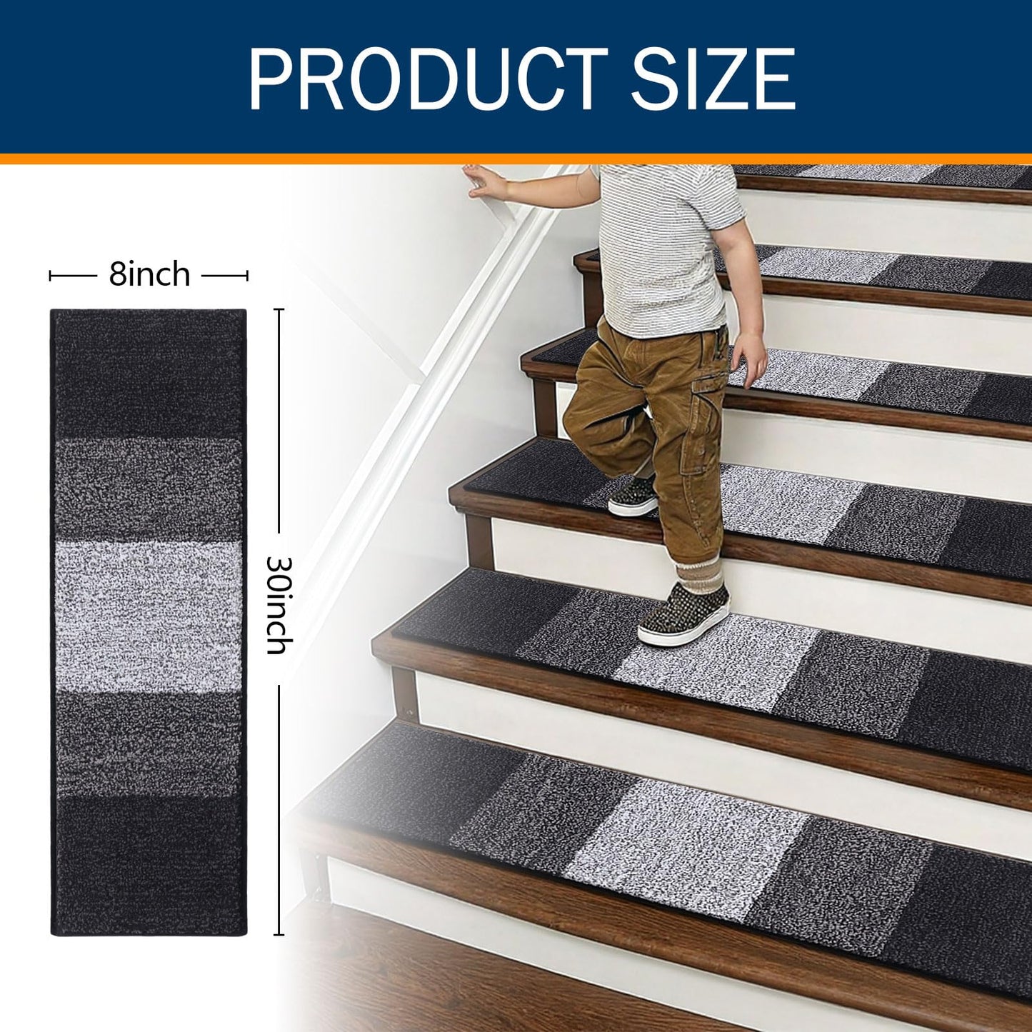 OLANLY Stair Treads Non Slip 10PCS, 8" x 30" Indoor Stair Runners for Wooden Steps, Edging Stair Rugs with Reusable Peel and Stick Adhesive for Kids Elders and Pets, Black