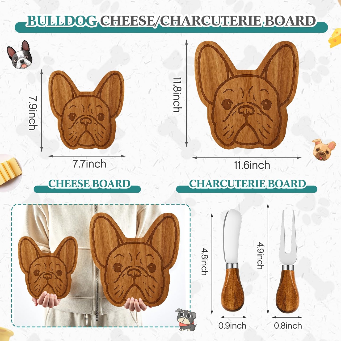 Ziliny French Bulldog Gifts for Women, French Bulldog Shaped Charcuterie Board Set Cutting Cheese Board Wooden Platter with Knives Forks Serving Trays Frenchie Gifts for Christmas Party