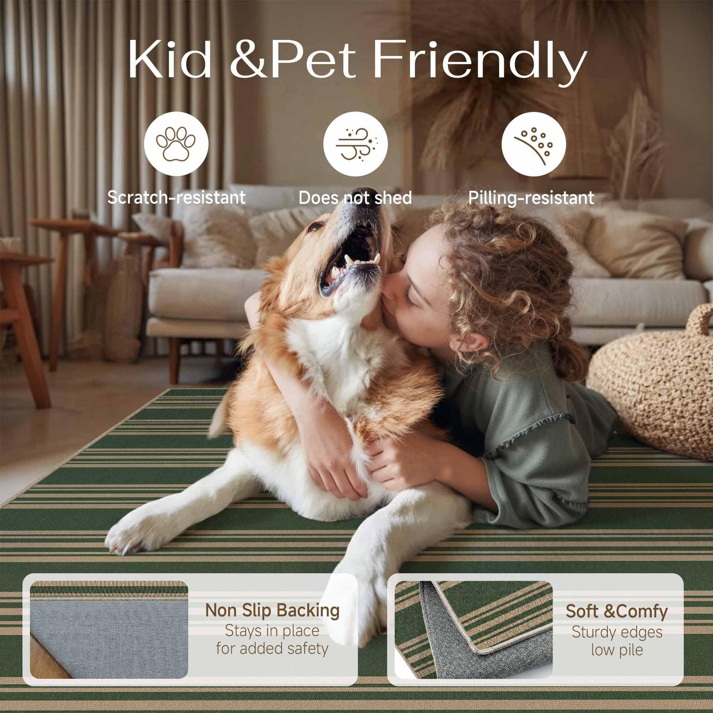 PureCozy Striped Easy Jute Rug 4x6 Green Entryway Carpet Washable Non Slip Office Door Mat Farmhouse Neutral Non Shedding Small Indoor Outdoor Rug for Bathroom Kitchen Bedroom Living Room