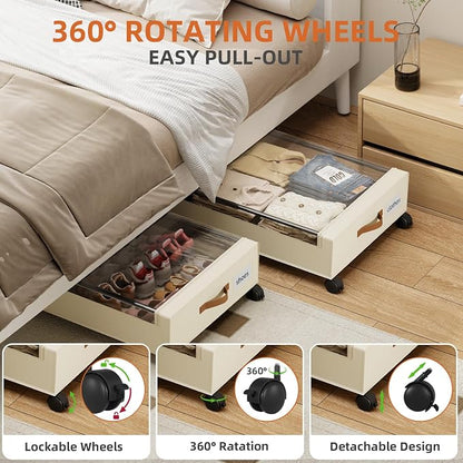 Somdot Under Bed Storage with Wheels, 2 Pack Bed Storage Containers with Dividers & Clear Lids, Easy Pull-out Metal Drawer for Clothes, Shoes,Toys, Blankets (Beige)