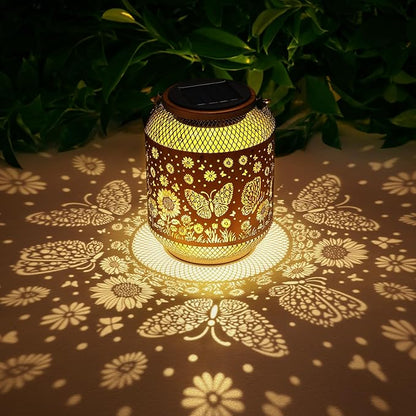 2 Pack Solar Lanterns Outdoor Waterproof Butterfly Garden Decor Birthday Gifts for Women Mom Grandma Hanging Solar Lights Metal Decoration Outside for Yard, Patio, Backyard, Porch, Pathway