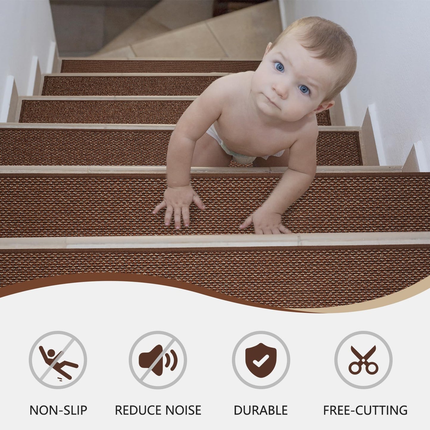 DOPLUSDO Non Slip Stair Treads for Wooden Steps, Stair Runners Indoor, 15 PCS 8" x 30" Natural Linen Carpet Stair Treads, Self-Adhesive Washable Backing for Kids Elders and Pets, Coffee