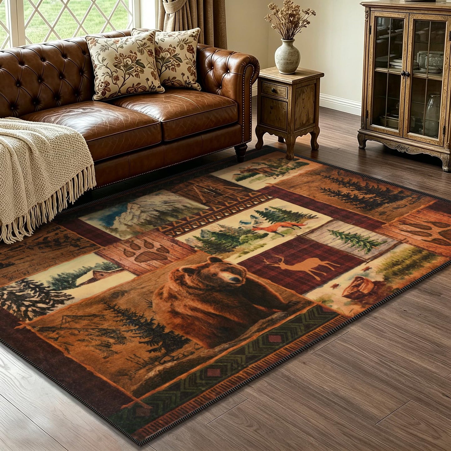 ASPMIZ 3x5 Rustic Area Rugs Non-Slip Washable — Buffalo Plaid Country Log Cabin Bear Deer Fox Design, Vintage Soft Faux Wool Throw Rug for Living Room Bedroom, Low Pile