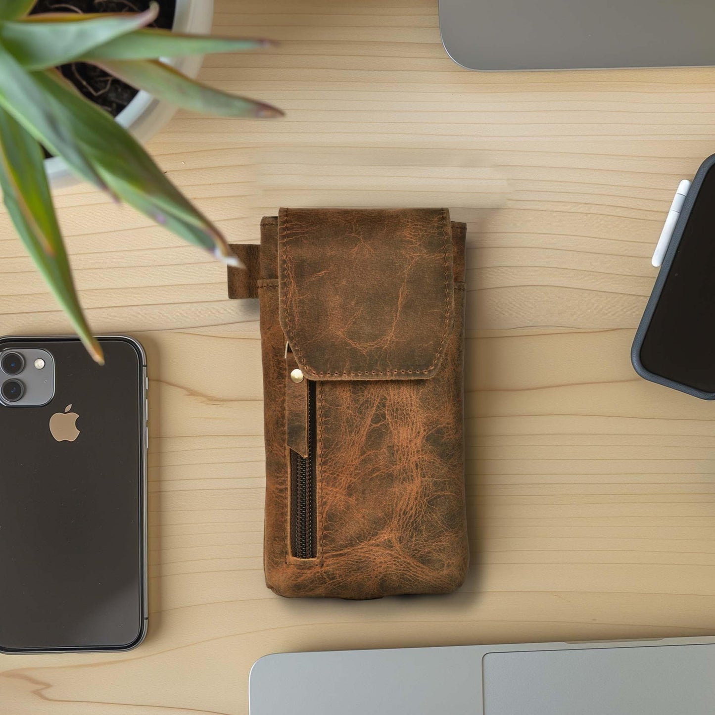 Leather Village Genuine Leather 7”x3.5” Phone Holster Pouch with Belt Clip, Magnetic Closure, ID Card Holder - Brown Universal Case for iPhone, Samsung Galaxy, Google Pixel