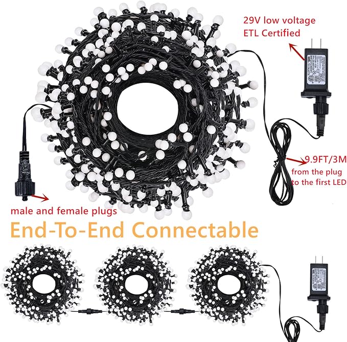 LED Christmas Lights Outdoor,300LED 105Ft 8 Modes Plug-in Connectable Waterproof Globe String Lights for Outdoor & Indoor Decorations (Multi-Colored)