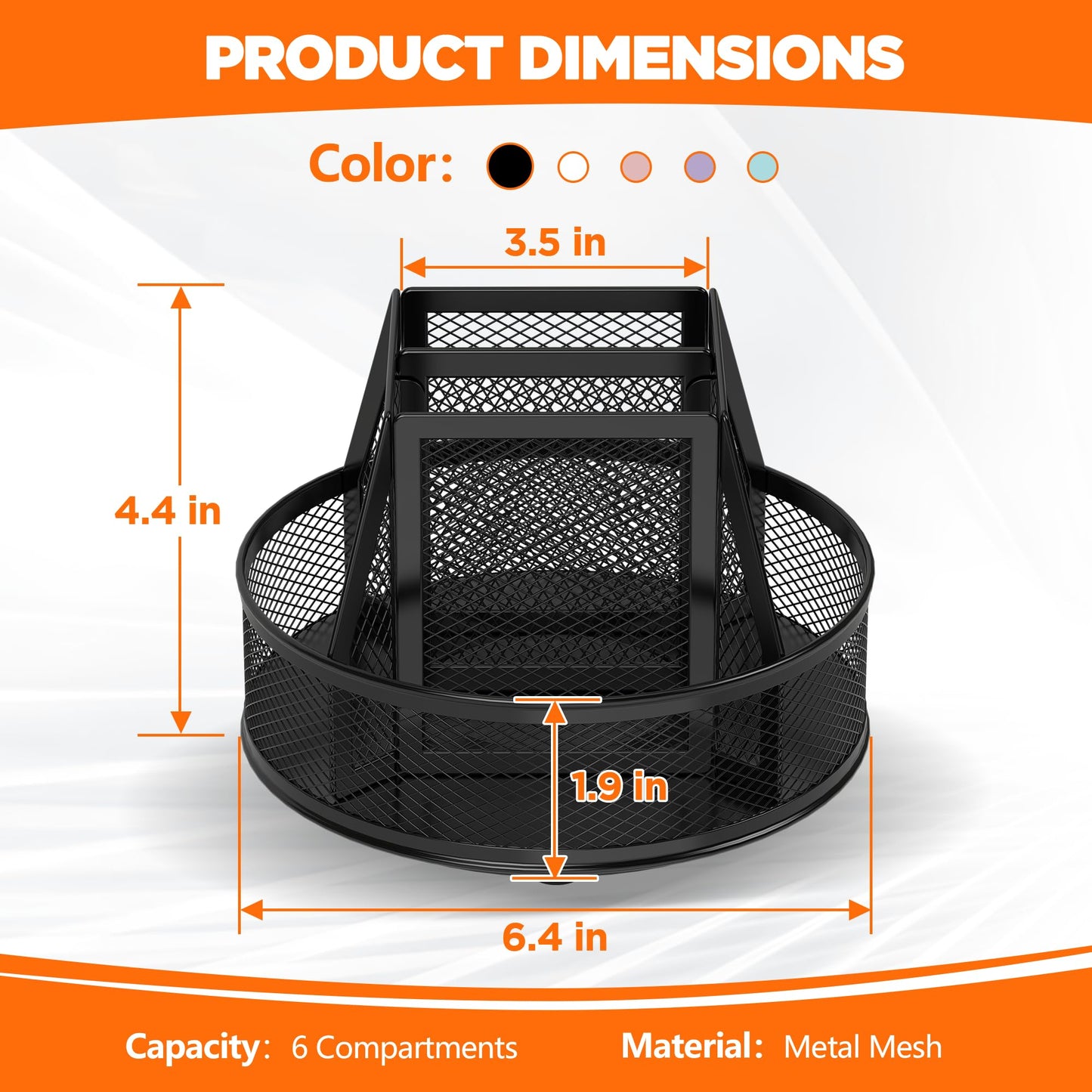 Docnest Mesh 360 Degree Rotating Pen Holder with 6 Compartment,Metal Pencil Cup Art Supply Storage Box Caddy,Teacher Stationery and Dorm Supplies Desk Organizer for Pencil,Sticky Note,Scissors-Black
