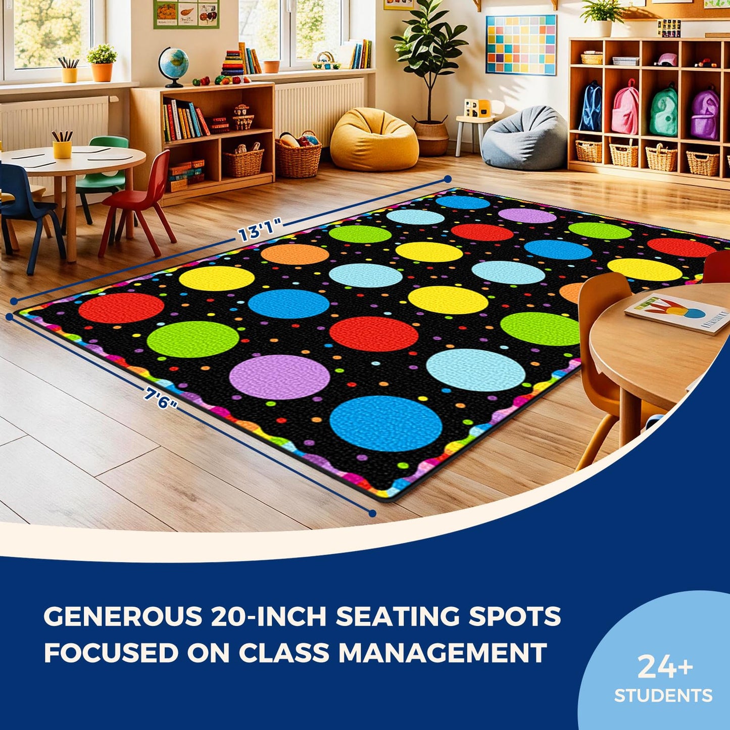 Boooooom Jackson Classroom Rug - 7'6''x13'12'' Rainbow Seating Dots Preschool Classroom Carpet, Non-Slip & No-Trip Edges, Vibrant Colors for Kids Playroom Floor Mat