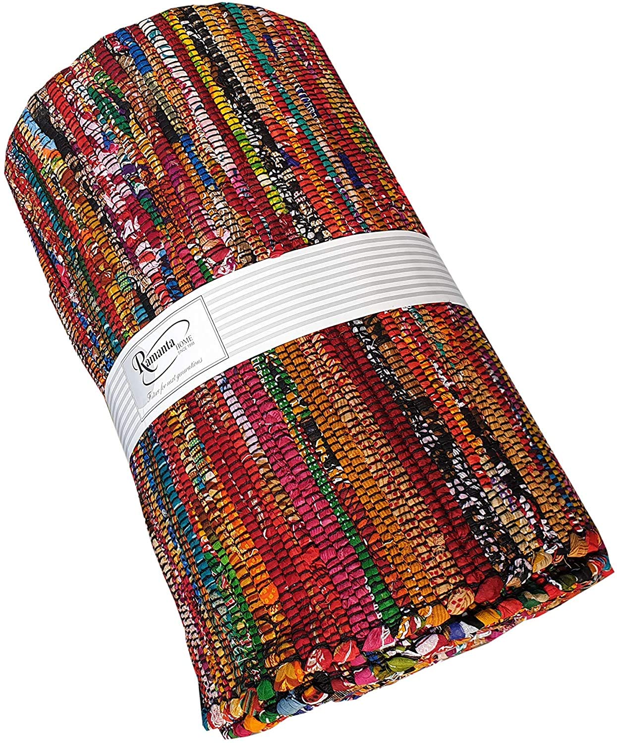 Ramanta Home Cotton Multi Color Chindi Hand Woven Rugs - 8x10 Feet Rectangle Hand Braided Bohemian Colorful Area Rug - Recycled Braided Chindi Rugs- Biodegradable Area Rugs Size 96x120 inch.