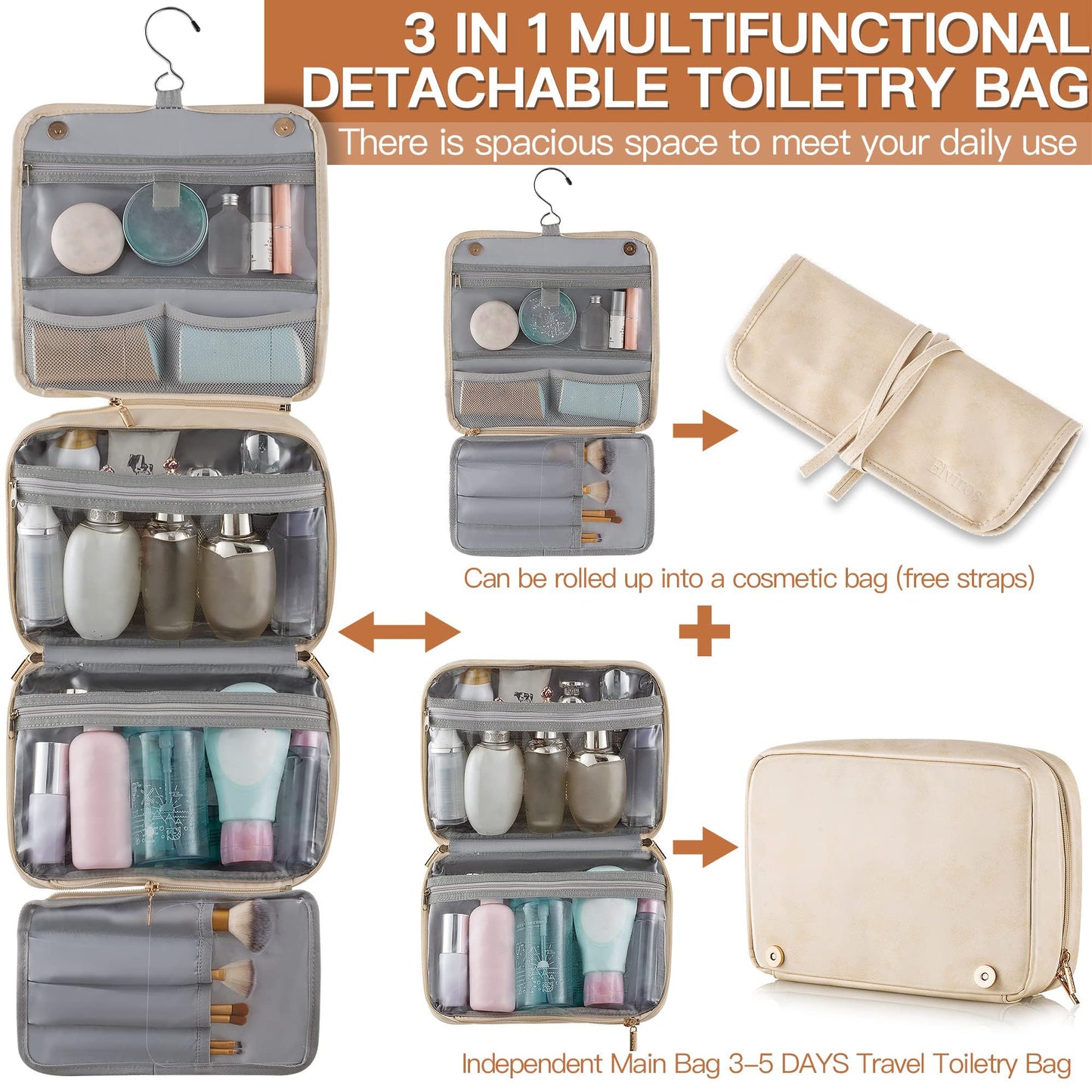 Elviros Hanging Travel Toiletry Bag for Women, 3-in-1 Large Makeup Bag and Cosmetic Organizer, Vegan Leather Waterproof Skincare Case for Travel Size Toiletries and Accessories, Gift for Women