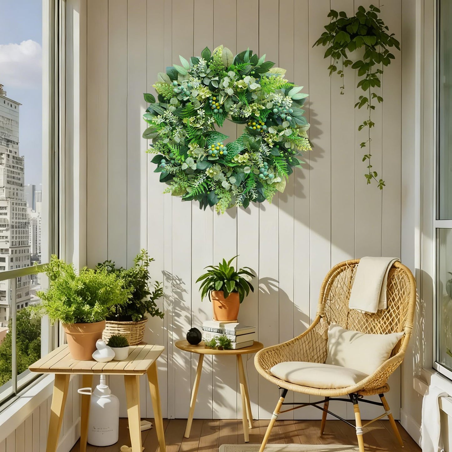 Rimalo 26 Inch Green Wreath for Front Door - Artificial Greenery Wreath with Berries, Indoor Outdoor All Season Year Eucalyptus Wreath for Farmhouse Home Decor, Spring Summer Fall Winter