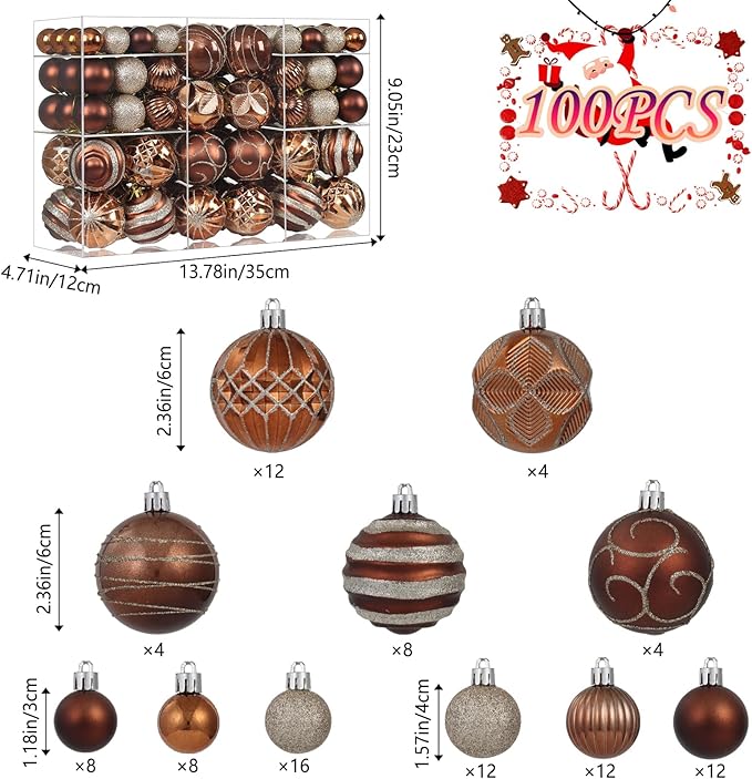 100Pcs Christmas Balls Ornaments Set, Shatterproof Christmas Decorations with Hand-held Gift Package for Xmas Tree/Holiday/Wedding/Holiday/Party Decor (Brown&Gold)