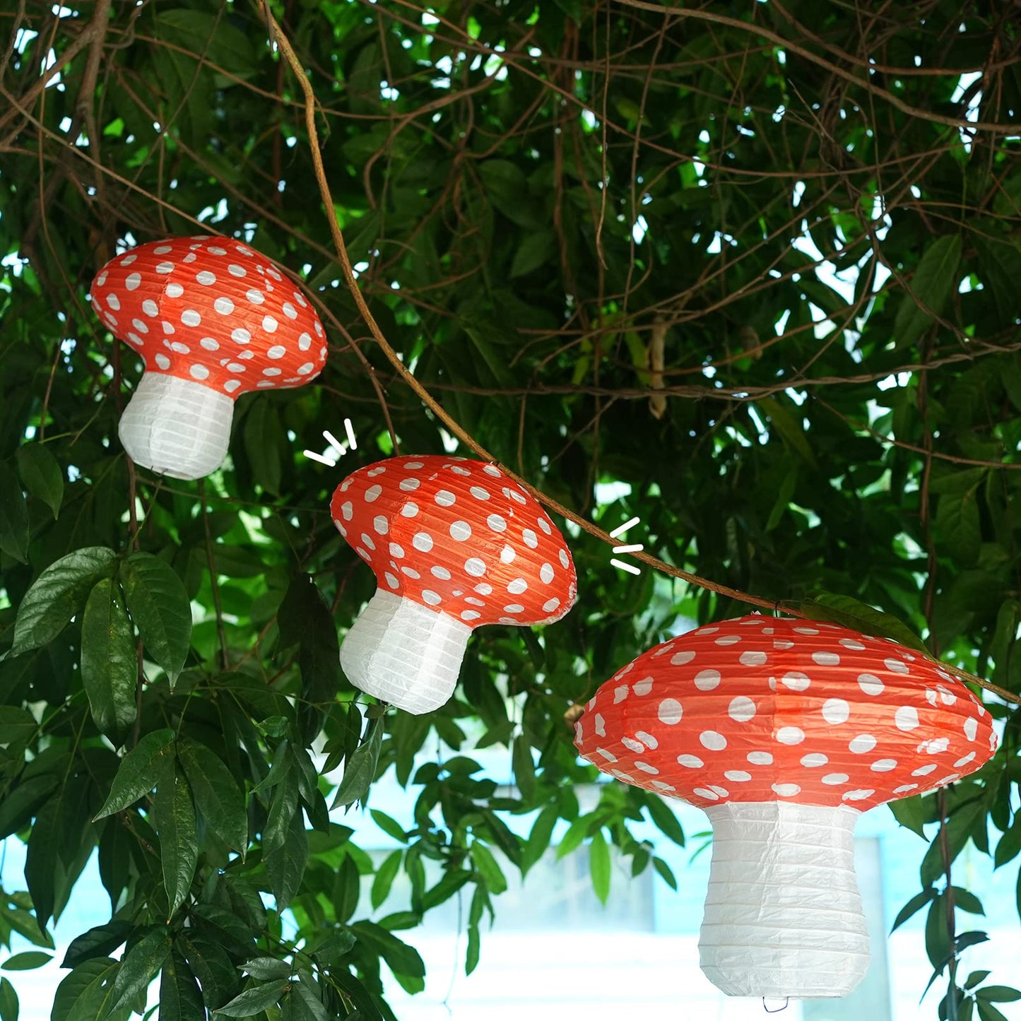 6Pcs Mushroom Paper Lanterns, 3D Mushroom Hanging Ornament for Wonderland Jungle Forest Themed Birthday Party Wedding Nursery Decor (Red, 6 Pack)