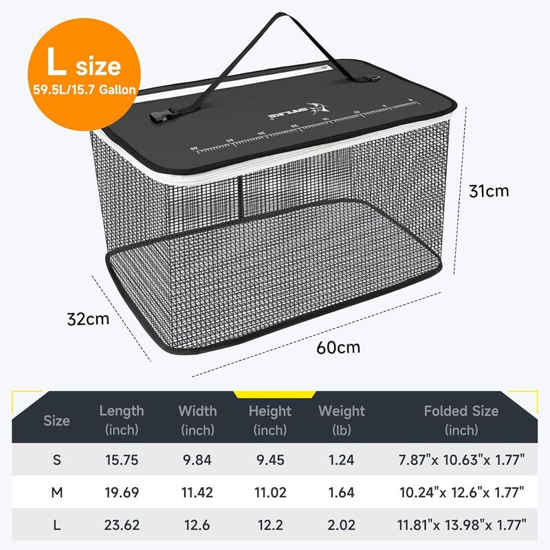 Floating Fishing Basket - Collapsible Net Cage for Live Fish | Rubber Coated, 24L/40L/59L, Black/Grey