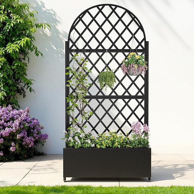 Metal Raised Garden Bed with Trellis & Wheels,72" x 35"x 15.7" Planter Box with Trellis,Privacy Planters for Patio,Garden Bed for Climbing Plants,Suitable for Climbing Plants and Vegetables,Black