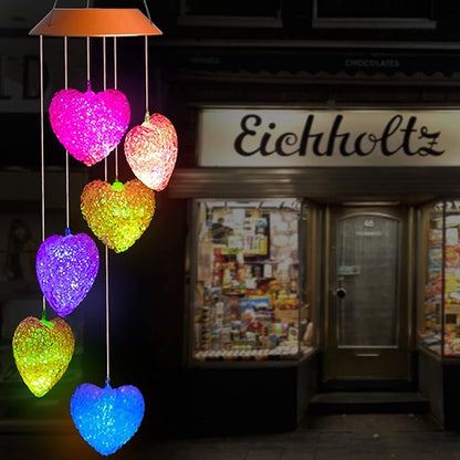 Loving Heart Solar Wind Chimes Outdoor Hanging - Waterproof Solar Powered LED Changing Lights Color Mobile Romantic Wind-Bell 6 Heart-Shaped Wind Chimes Gifts for Home, Party, Night Garden Decoration
