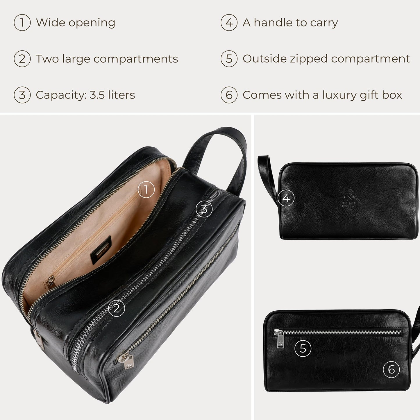 Time Resistance Leather Cosmetic Bag - Italian Toiletry Dopp Kit (Black)