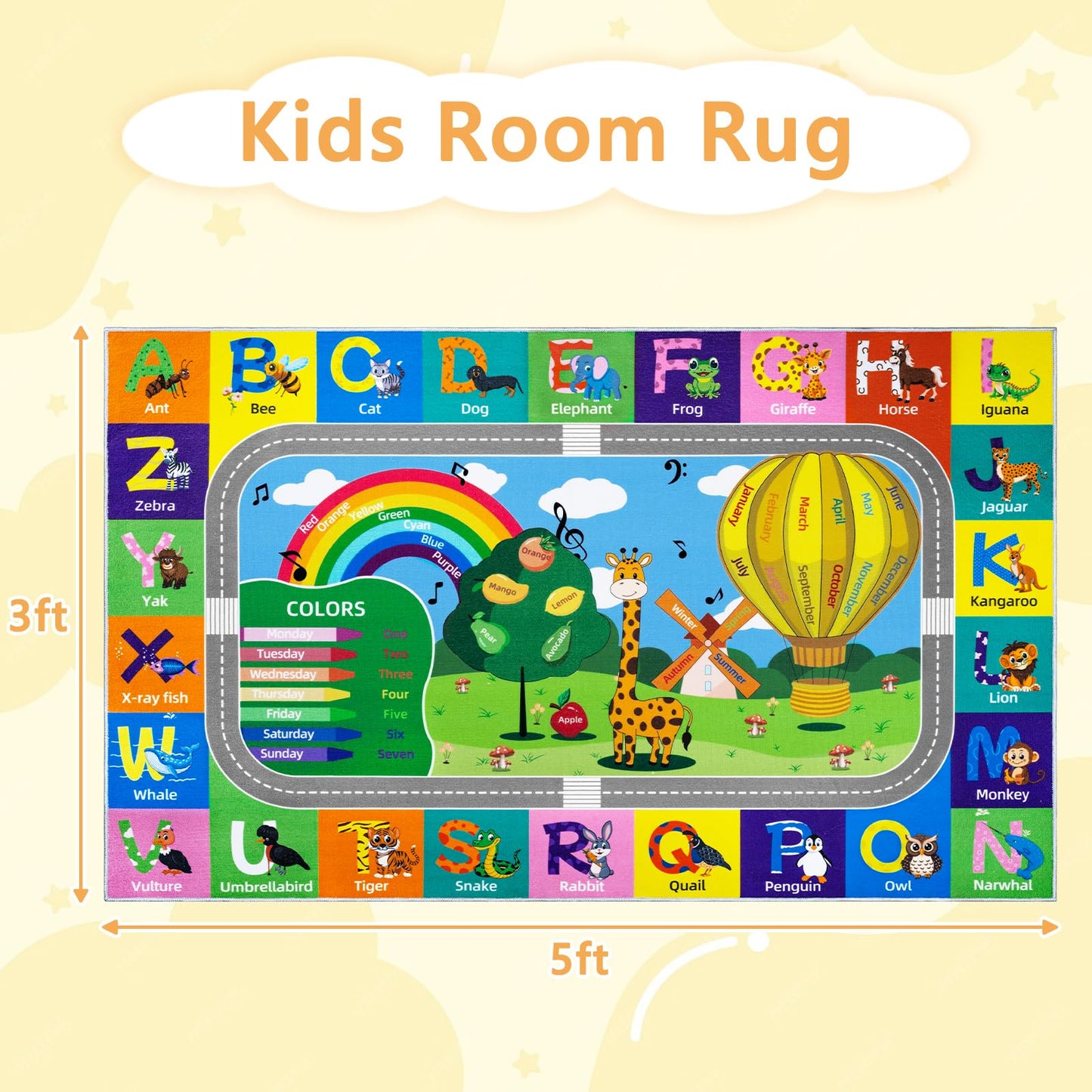 VSIWB Kids Rug for Playroom Educational ABC Rug Washable Play Mat Learning Alphabet Animals Numbers Non-Slip Soft Kids Carpet for Baby Toddler Classroom Nursery Bedroom Decor 3x5