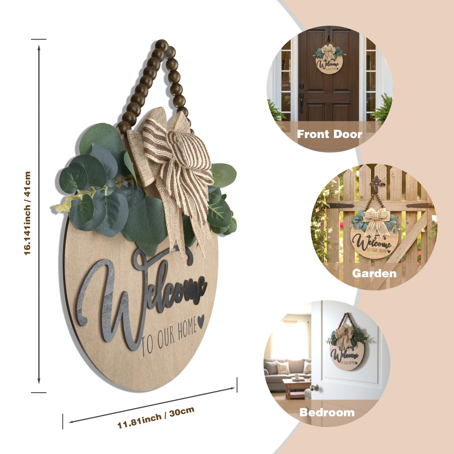 Condorpasea 3D Welcome Sign for Front Door | Home/Farmhouse Porch Décor Wooden Hanging Sign with Artificial Leaves and Rustic Beads | Christmas Classroom |12" Round