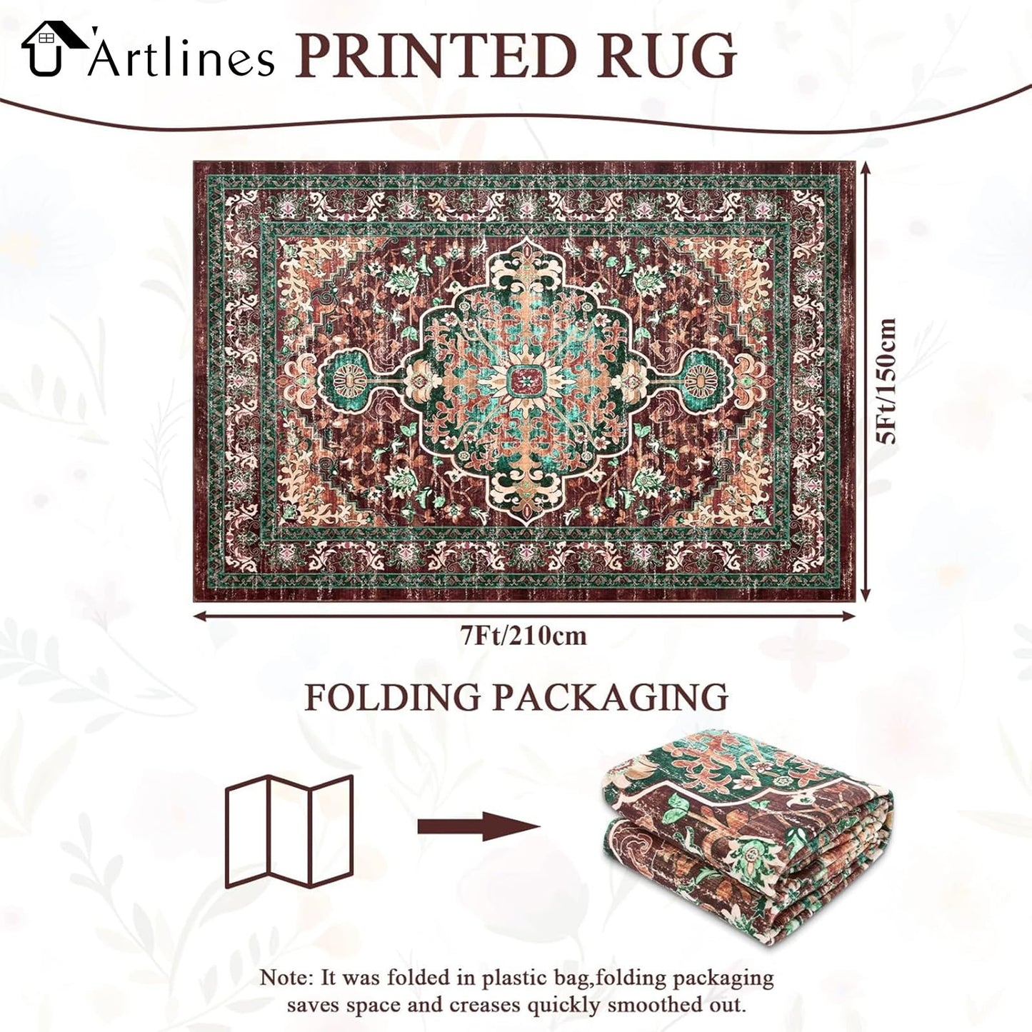 U'Artlines Boho Vintage Area Rug 5x7 Machine Washable Low Pile Ultra-Thin Soft Floor Carpet Non Slip Non Shedding Accent Rug for Living Room Bedroom Entryway Dining Room Office(Rust＆Teal)