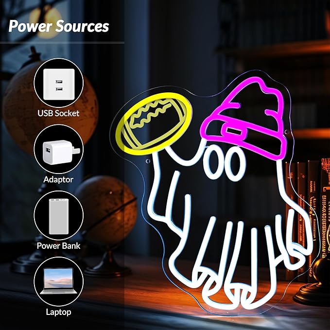 Halloween Ghost Neon Signs for Wall Decor Dimmable USB Powered Football Ghost Signs Gift for Football Fans Teens, Halloween Ghost Neon Light for Bedroom, Living Room, Bar, Party
