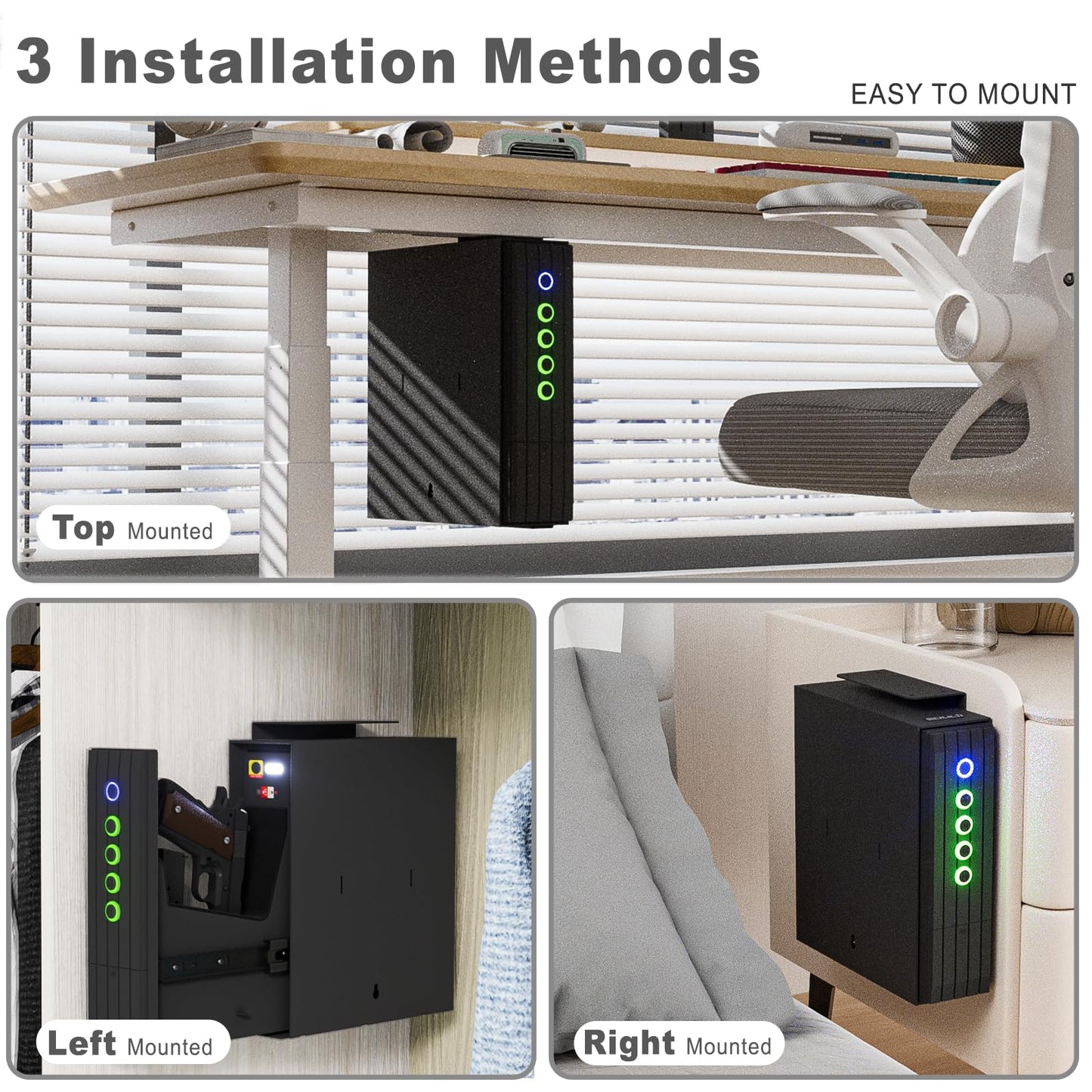 SOULYI Biometric Gun Safe for Handgun, 3 Way Quick Access Auto Sliding Door Bedside Pistol Safe for Nightstand, Desk, Vehicle with Fingerprint, PIN Code, Key Lock, LED Light, and Silent Mode