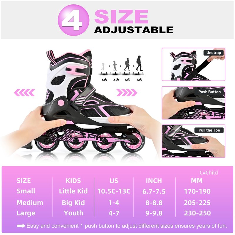 2PM SPORTS Torinx Green Boys Adjustable Inline Skates, Fun Beginner Roller Skates for Kids, Youth, Girls, Men and Women (Purple, Medium - Big Kid (1-4 US))