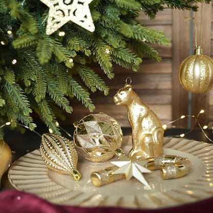 SHareconn 145pcs Christmas Balls Ornaments Set, Shatterproof Plastic Baubles Snowflakes, Stars and Tree Topper for Xmas Tree Holiday Wedding Party Decorations with Hanging Strings, Dark and Light Gold