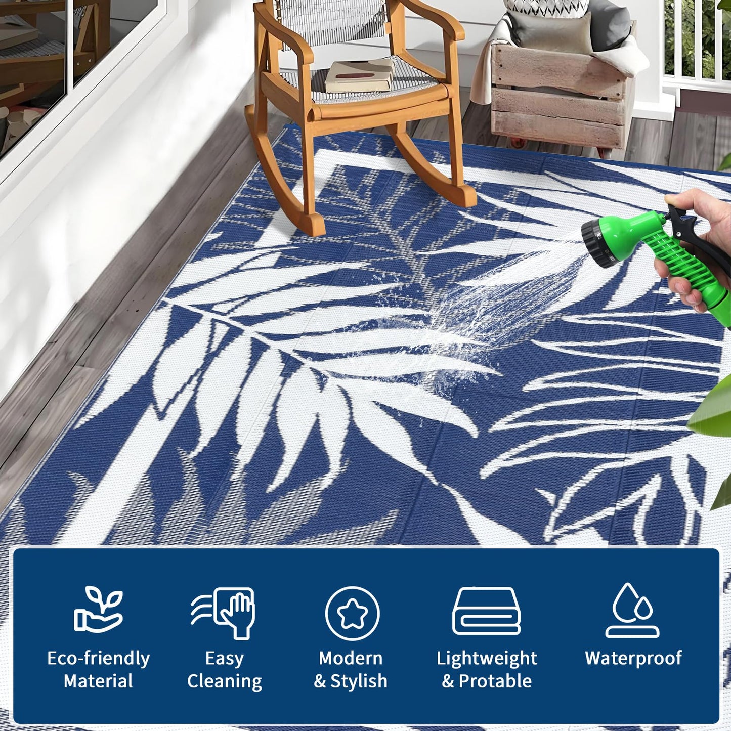 GAOMON 9'x18' Outdoor Rug Waterproof, Reversible Plastic Straw Rug for Large Patio, Backyard, Poolside, Deck – UV Resistant, Heavy Duty, Easy Clean Outdoor Carpet for High Traffic, Navy&White
